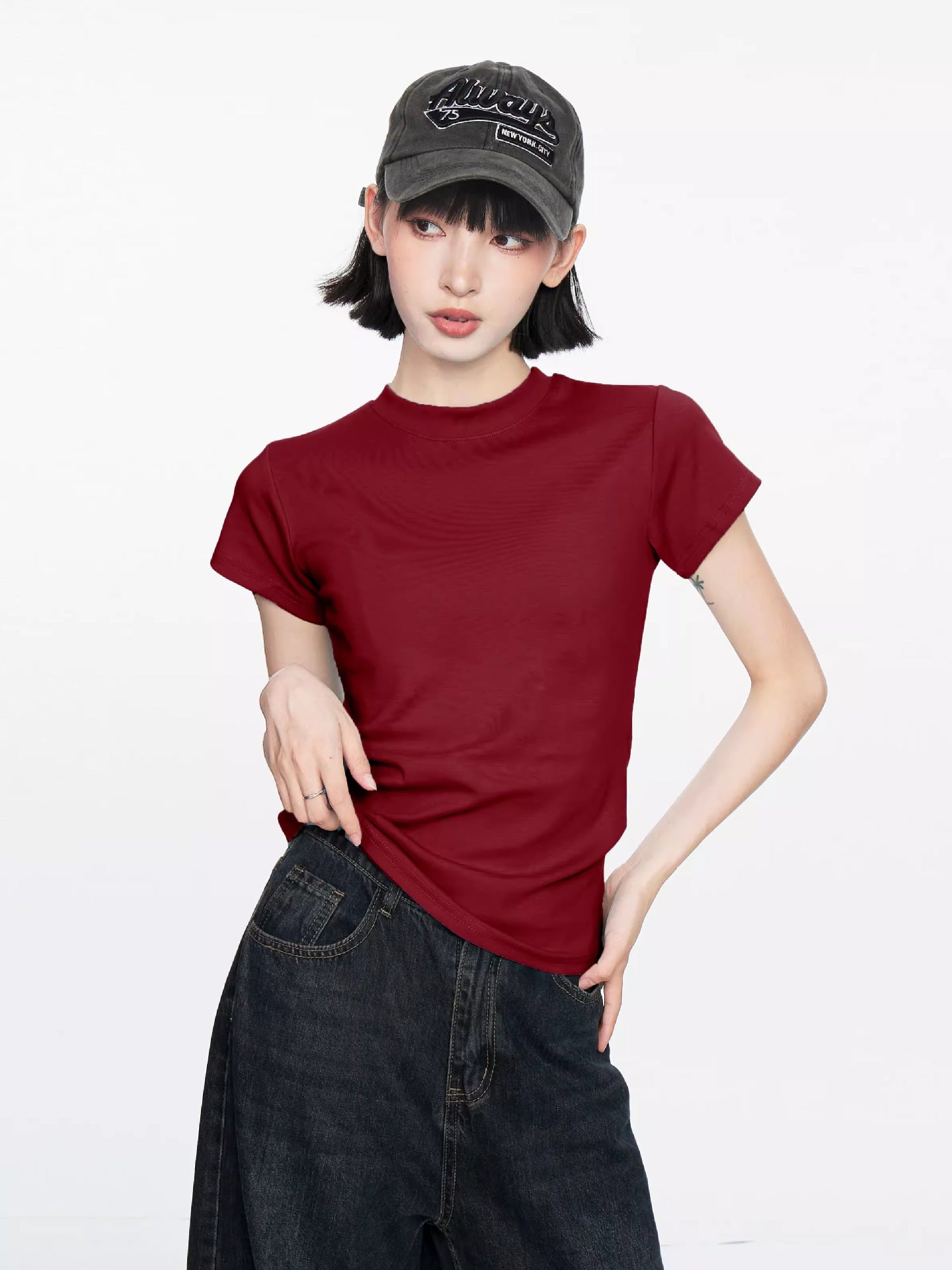 Summer new front shoulder basic short-sleeved t-shirt women's small slim and thin short solid-color top trendy