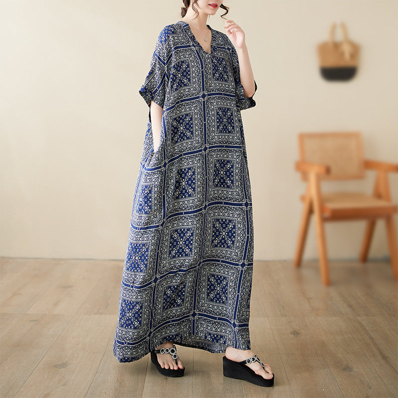Real shot 20224 spring and summer V-neck thin cotton and linen large size loose literary holiday wind beach skirt retro long robe