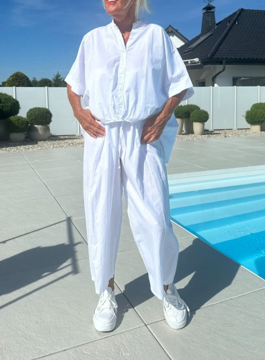 2025 summer new European and American cross-border Amazon simple solid color lapel short-sleeved fashion casual shirt set