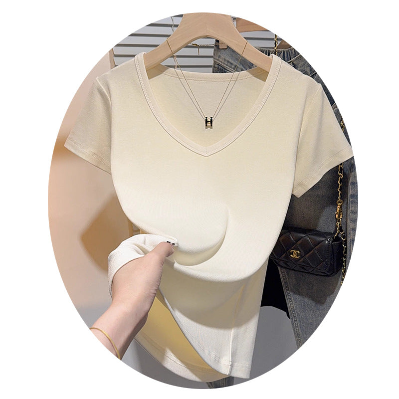 Threaded shoulder V-neck apricot short-sleeved T-shirt women's summer 2025 new versatile slim-fitting foreign fashionable low-neck top