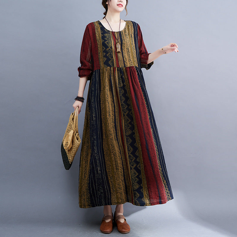 Real shot 2023 early autumn new retro age-reducing ethnic style round neck long-sleeved pendulum dress women #125