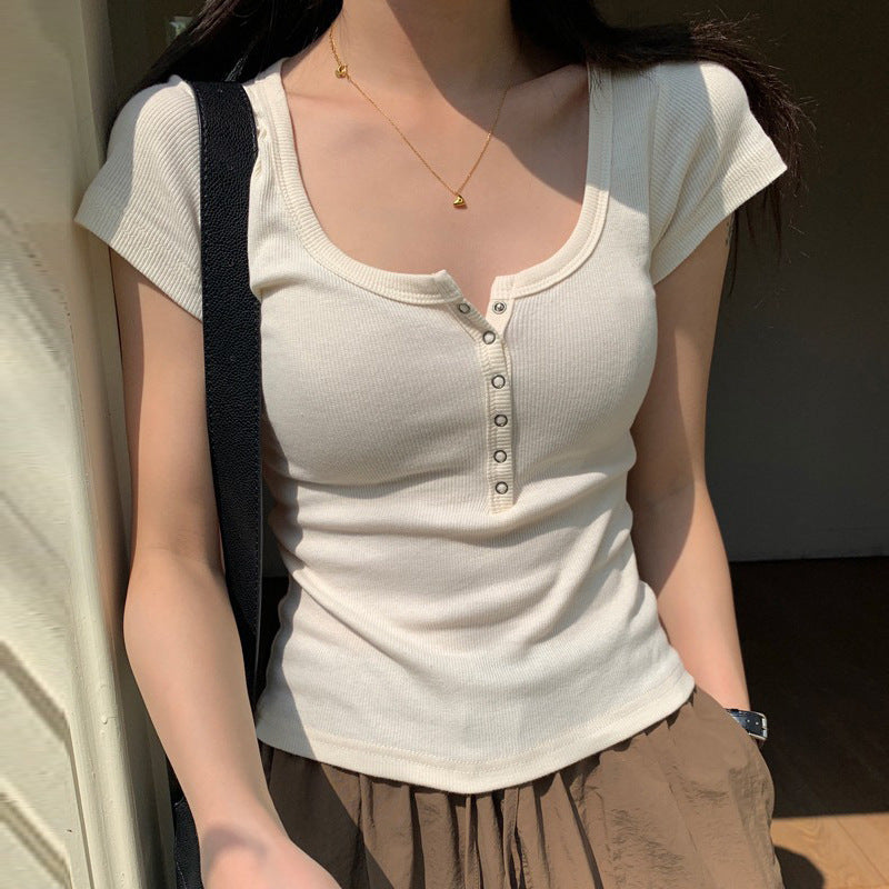 Threaded cotton button-up T-shirt women's short-sleeved 2026 summer new square collar versatile outer wear slim-fitting and thin top bottoming shirt