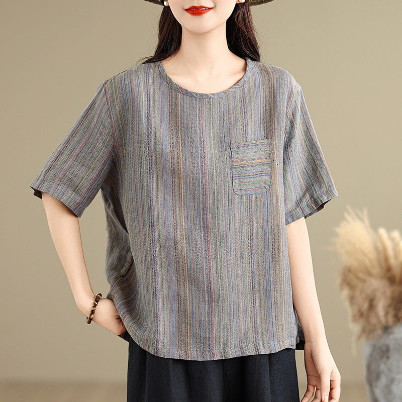 Real shot 2025 summer new cotton and linen literary retro striped short-sleeved shirt top T-shirt women