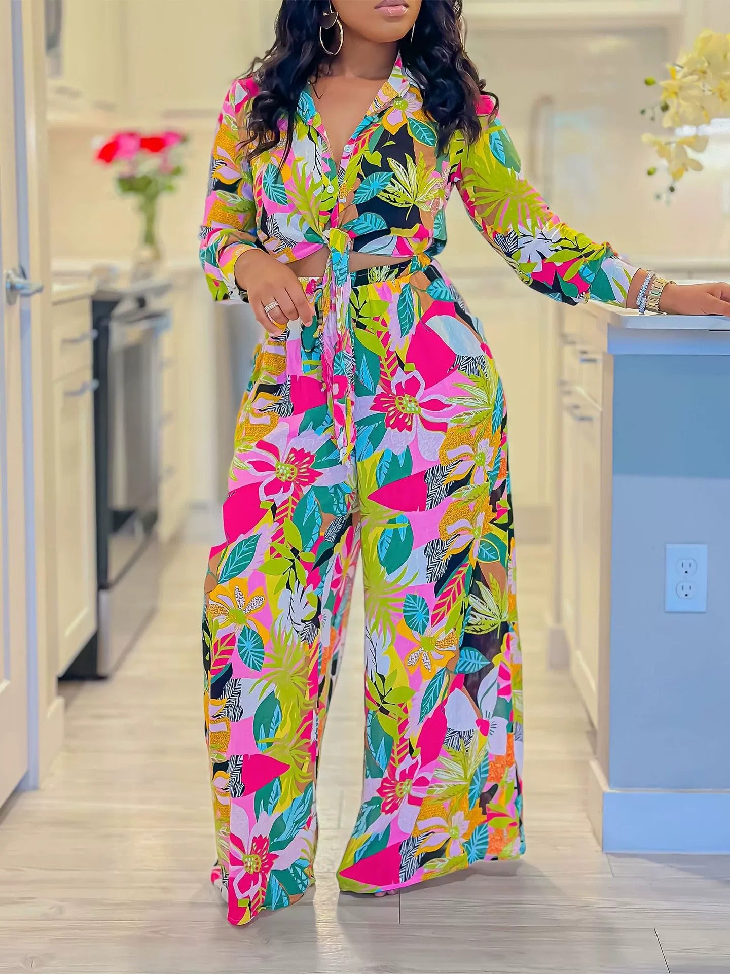 2025 foreign trade women's clothing Amazon's new fashion printing two-piece set lapel strap shirt wide-leg pants set