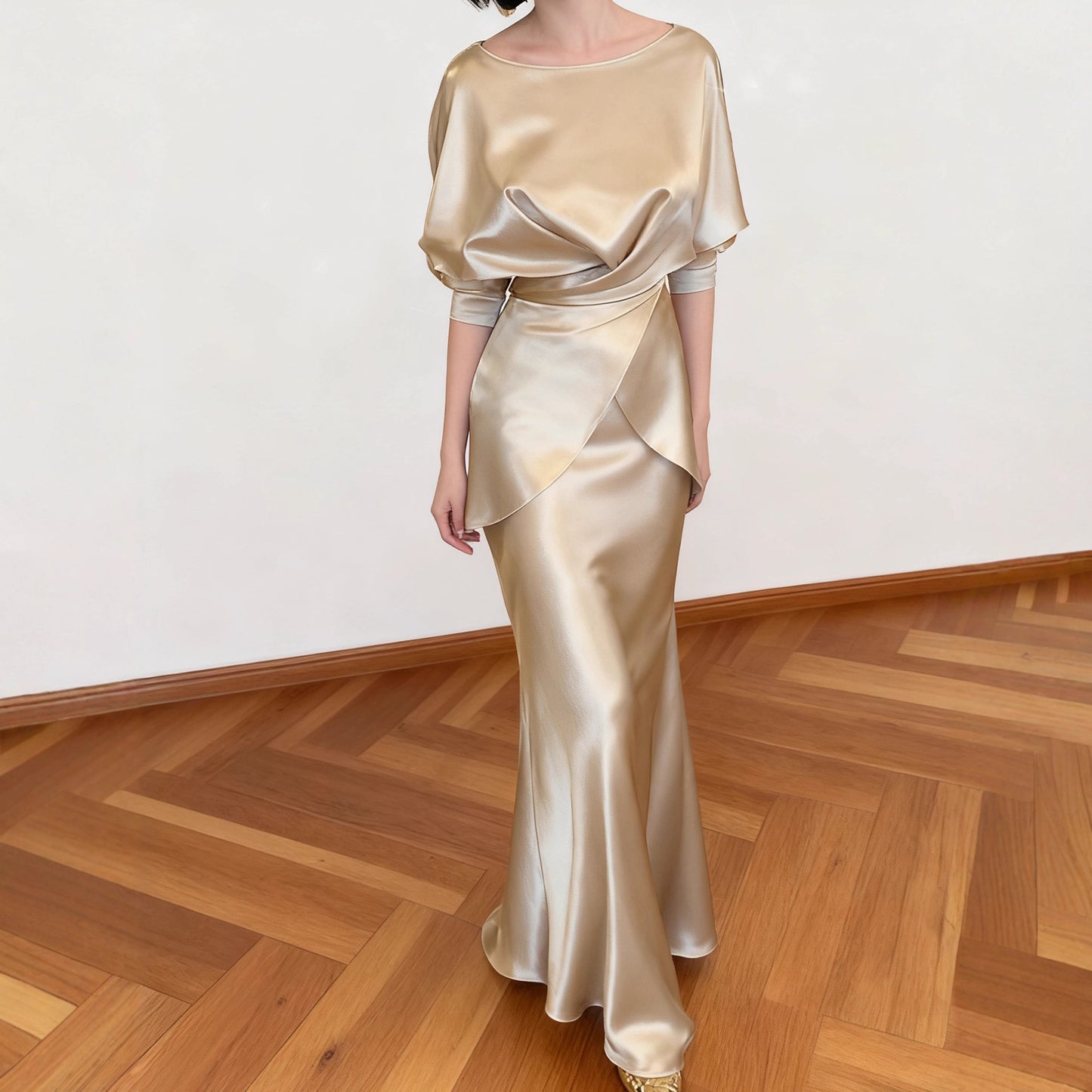 Haute couture imported acetic acid champagne spring and autumn suit femininity elegant satin top fishtail skirt two-piece set