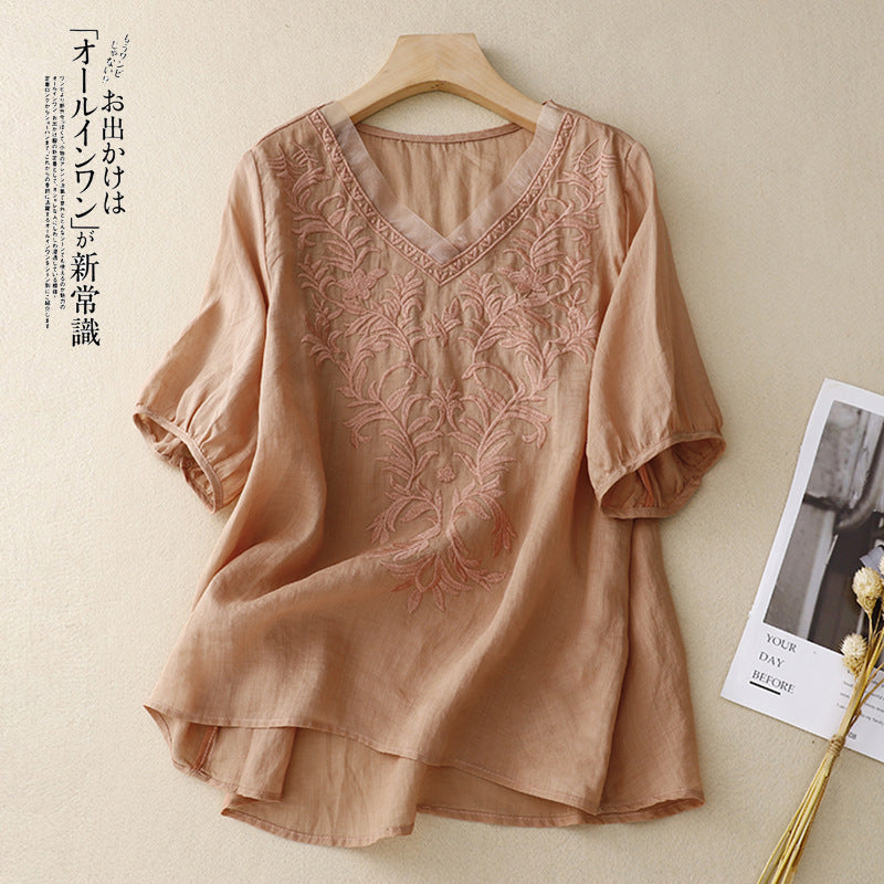 Real shot 2024 summer new cotton and linen embroidered literary and retro top T-shirt women