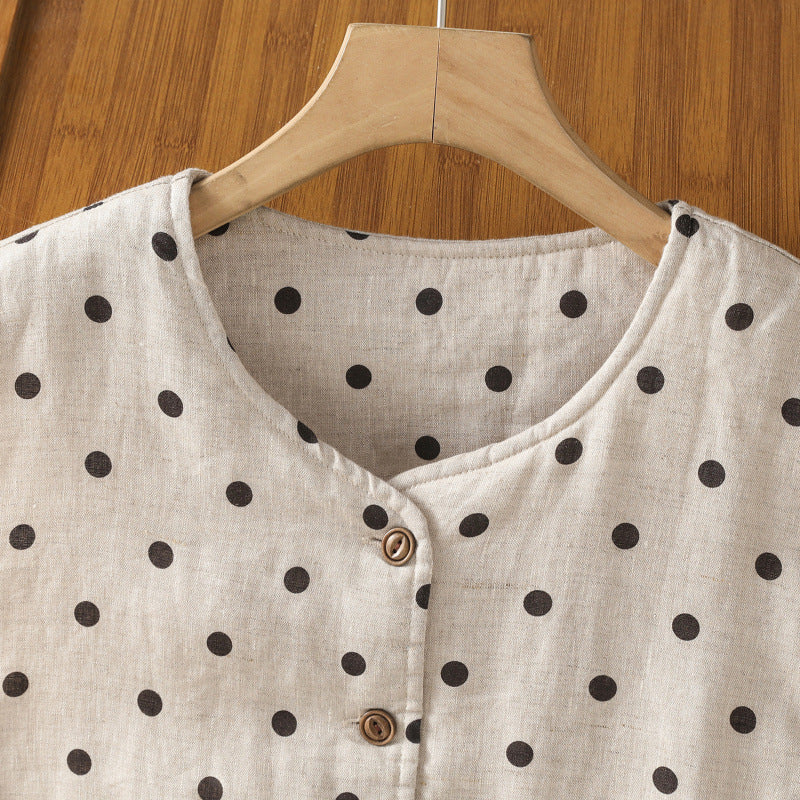 Real shot 2025 autumn and winter new polka dot cotton and linen cotton clothes vest warm literary and retro cotton padded vest short jacket