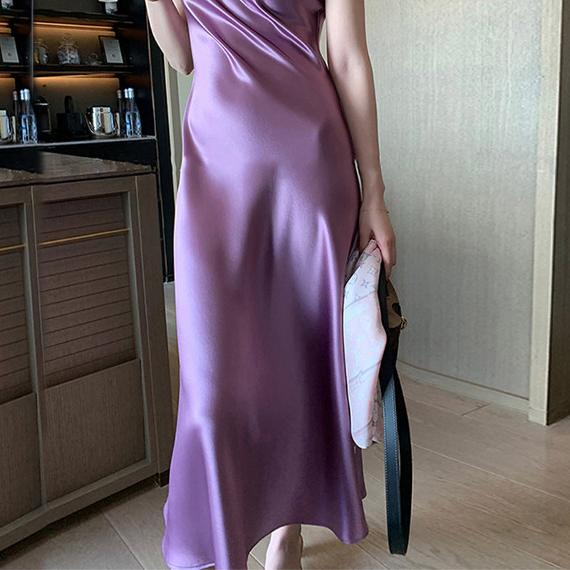 New Chinese acetic acid satin sleeveless dress for women's summer waist temperament versatile slit skirt looking thin commuting