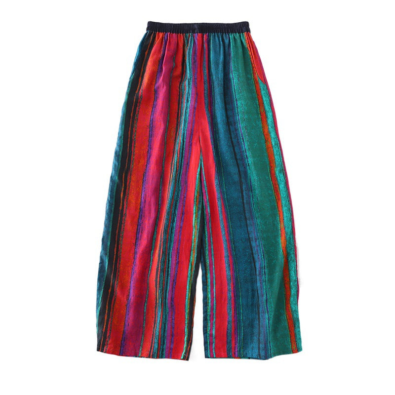 Real shot 2025 summer new literary and leisure vacation style striped cotton and linen elastic waist wide leg trousers women