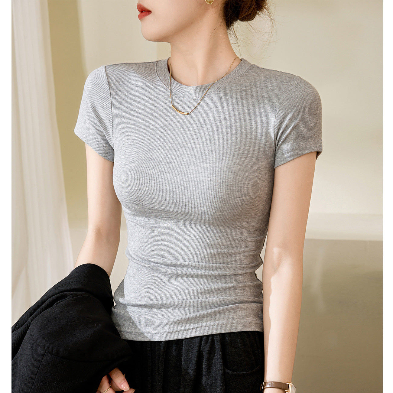 & Use good materials & high elastic cotton tight short-sleeved T-shirt women's summer 2026 new versatile top, thin crew neck bottoming shirt