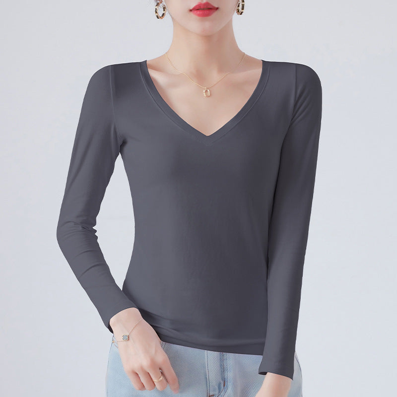 Spring and Autumn 2025 pure cotton versatile V-neck long-sleeved T-shirt women's Korean version with slim foreign base shirt top for commuting