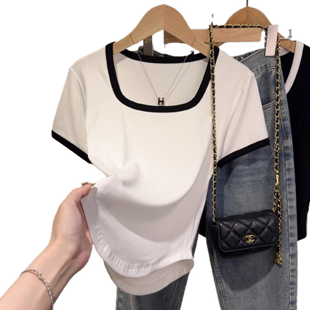 Threaded square neck contrasting color short-sleeved women's slim T-shirt versatile foreign style top 2025 new curved hem bottoming shirt