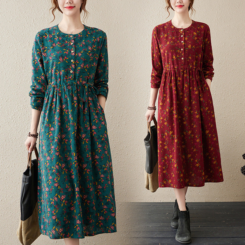 Real shot 2024 autumn new linen cotton printing ethnic style round neck long-sleeved dress loose waist skirt 8110