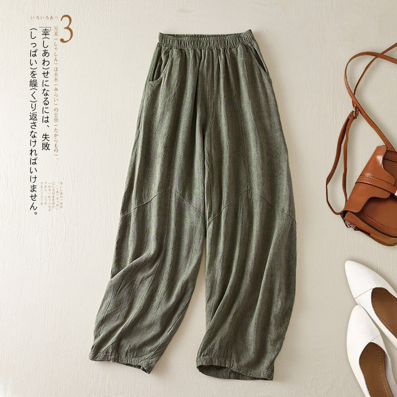 Real shot 2024 summer thin cotton and linen retro bloomers casual loose zen straight radish trousers women