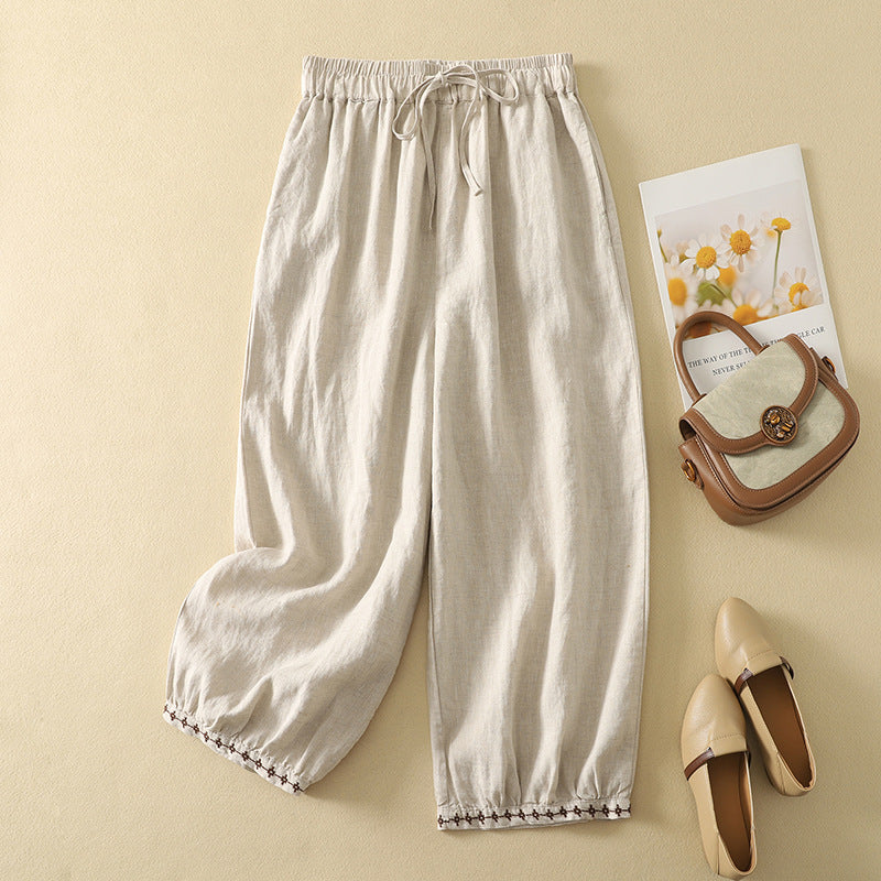 Real shot 2025 summer new cotton and linen retro literary and artistic embroidered bloomers women's lace-up elastic waist loose casual pants