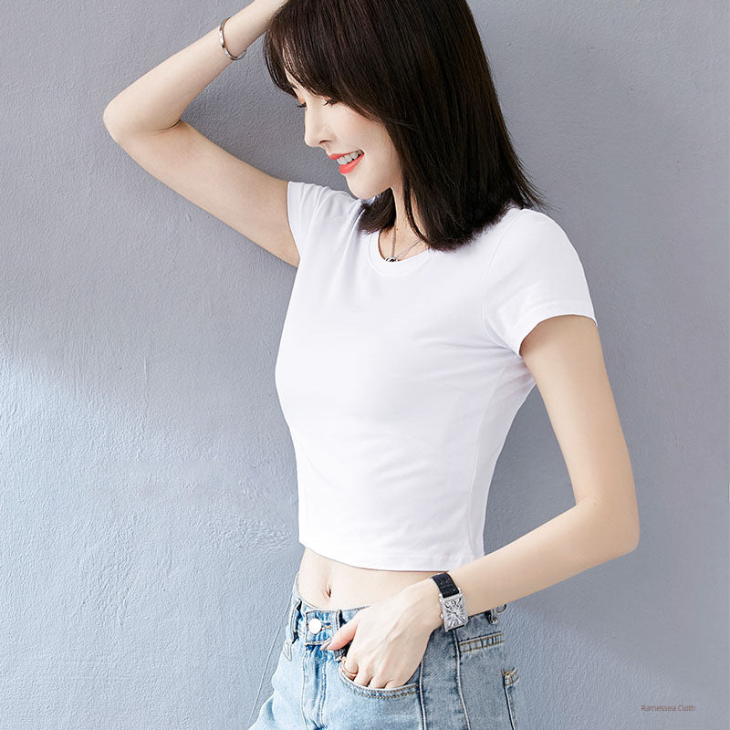 Skinny open-navel short-sleeved T-shirt for women in 2025, popular summer sweet and spicy style, high-waisted short models, popular beautiful tops this year
