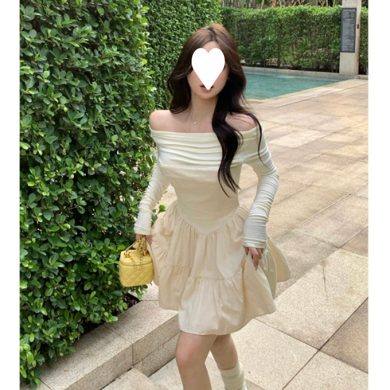 Pure desire Spice Girl one-word shoulder long-sleeved dress women's autumn high-end temperament tutu skirt waist small short skirt