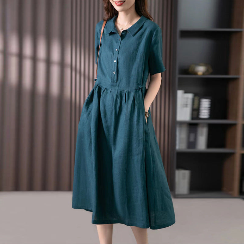 2024 summer new literary loose splicing solid color cotton and linen lapel short-sleeved dress women's medium and long #6536