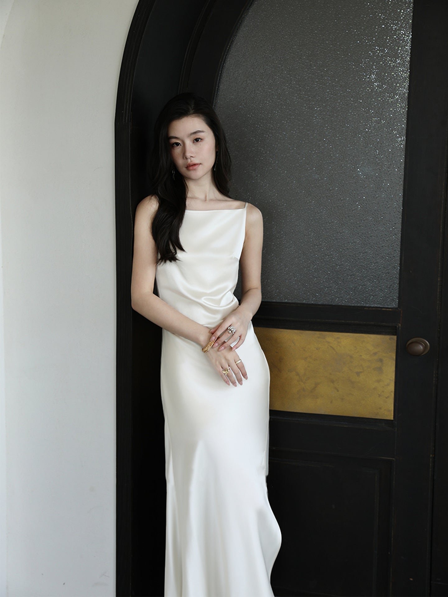 Haute couture imported satin acetic acid one-word collar suspender dress women's waist slit light luxury high-end long dress hip wrap