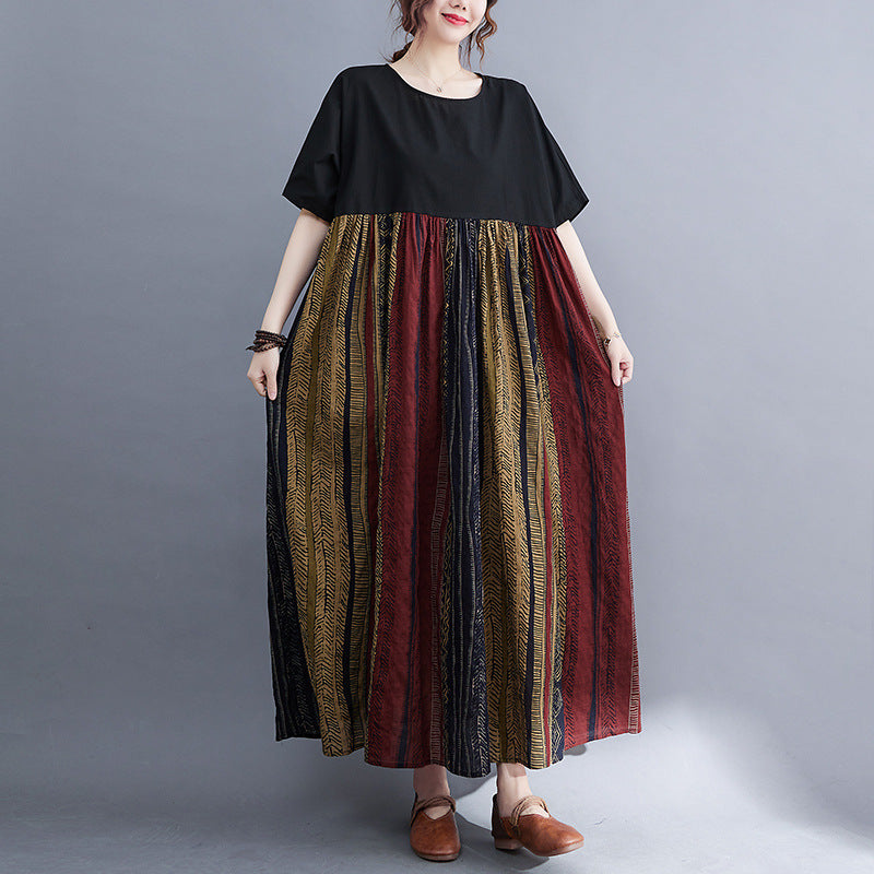 Real shot 2024 summer new literary large size loose cotton and linen printing short-sleeved dress women's long dress 9107 #