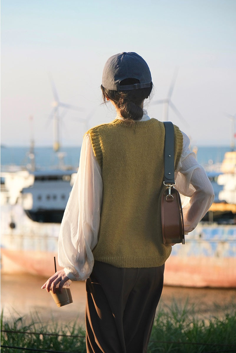Ramesse | Autumn Wheat, Rhombus Twist Vintage Knitted Vest, Crew Neck Sweater Vest, Yellow/Apricot