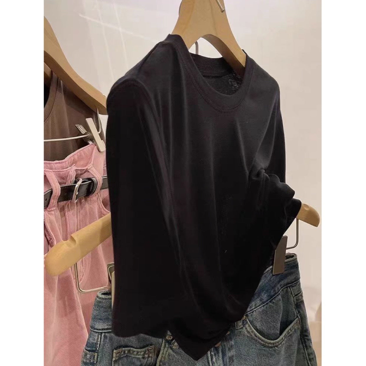 Keep it for yourself~ Breathing Tencel wool mask t soft waxy clear round neck pullover long sleeve top bottoming shirt women