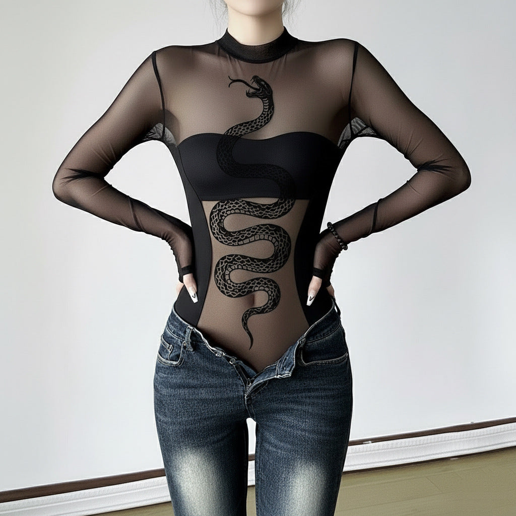 Design sense flocking snake pattern sexy perspective mesh onesie niche Spice Girl style semi-turtleneck elastic long-sleeved top