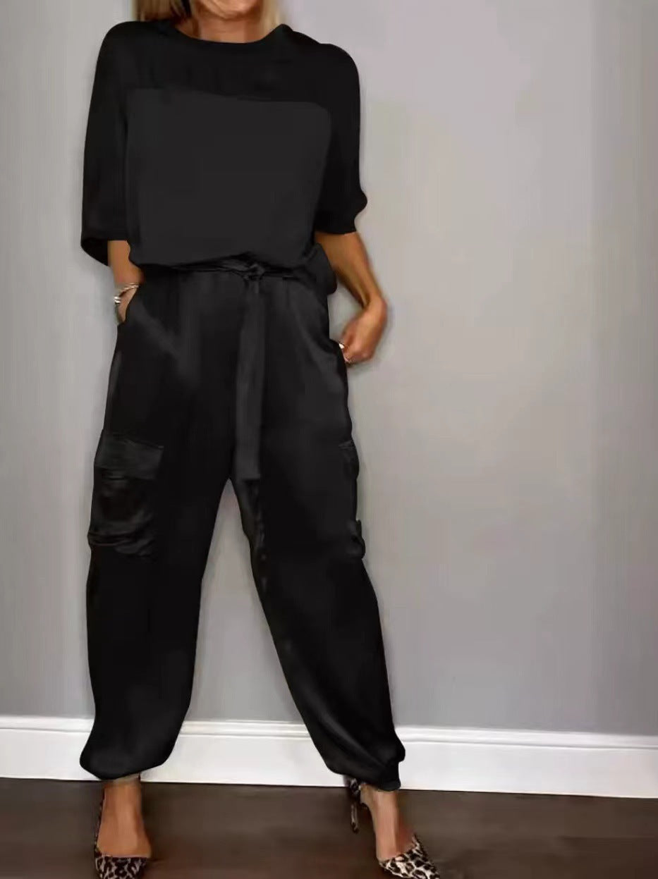 Amazon, Europe, America, Spring and Autumn Fashion Women's Solid Color Smooth Satin Five-Sleeve Top Two-piece Set Feminine Elegance