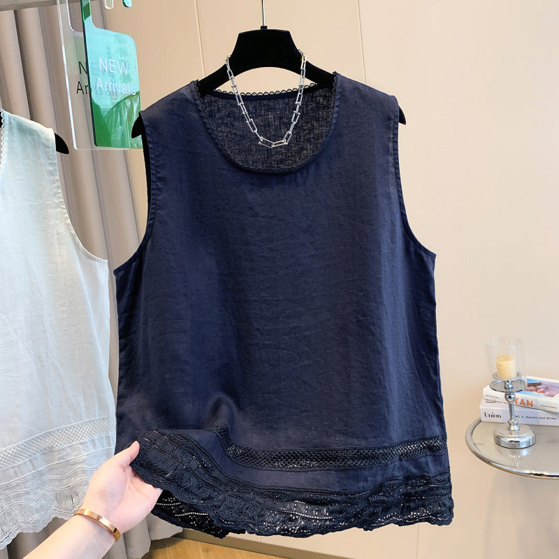 Real shot 2025 summer thin lace lace round neck wear sleeveless vest shirt top T-shirt women
