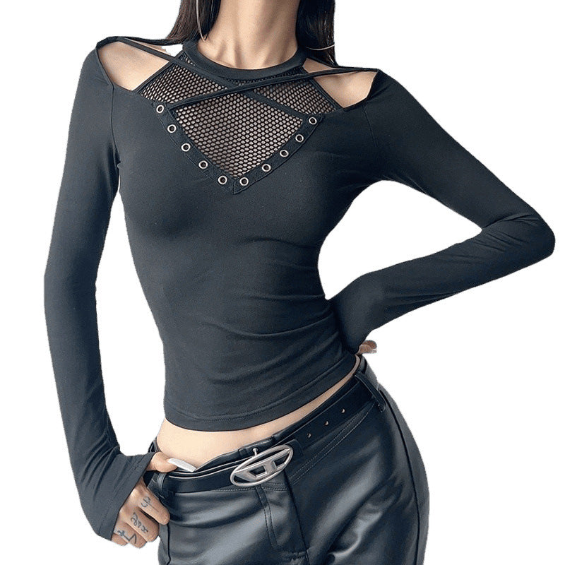 Love cloth forget Y2K dark irregular mesh splicing hollow off-the-shoulder long-sleeved T-shirt sexy see-through slim-fit top