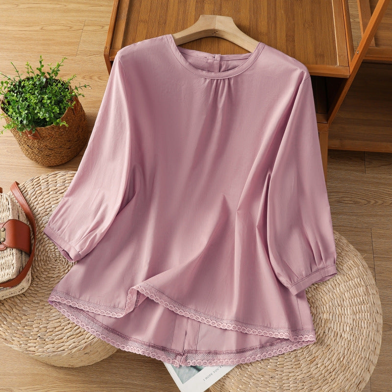 Summer 2025 new cotton and linen literary and retro splicing lace hem shirt top women