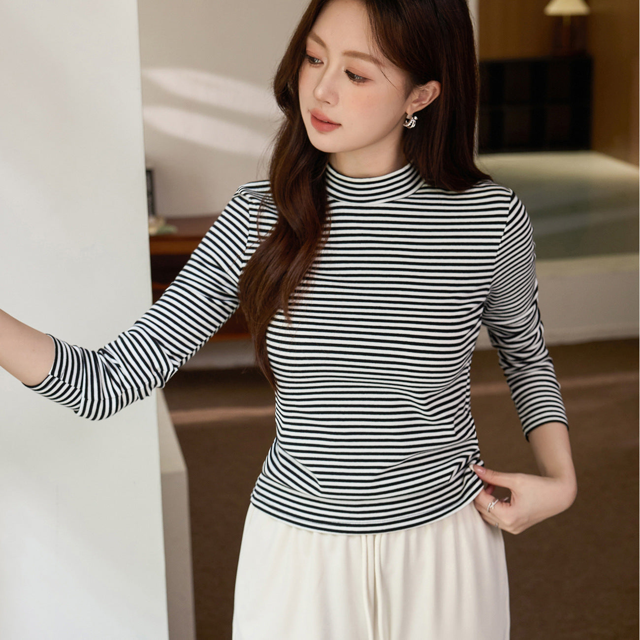 #Selection of good goods #Pure cotton T-shirt women's long-sleeved foreign-style striped bottoming shirt 2026 autumn and winter new semi-turtleneck top