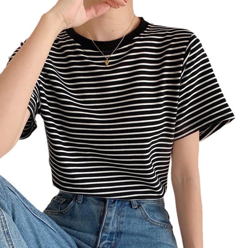 High-quality pure cotton striped T-shirt bottoming shirt women's short-sleeved 2026 summer new loose and thin versatile crew neck top