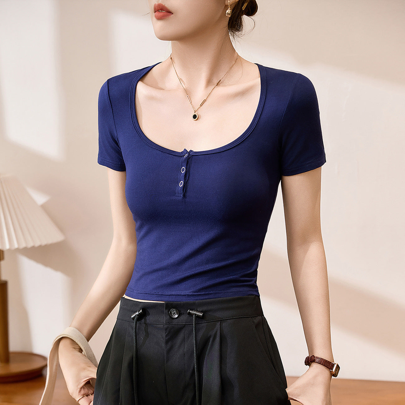 #Modal cotton #short pure desire Spice Girl tight bottoming shirt women's summer new short-sleeved T-shirt front shoulder thin top