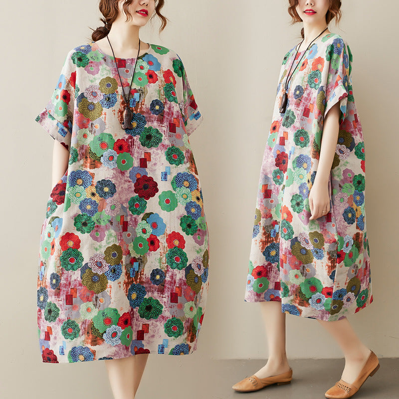 Real shot 2025 summer new cotton and linen fat sister loose and thin short-sleeved dress women