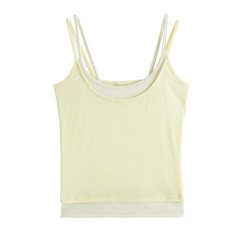 #Lyocell cotton, Zhen quality #fake two pieces design sense contrasting color sling vest women's summer new foreign style fashionable