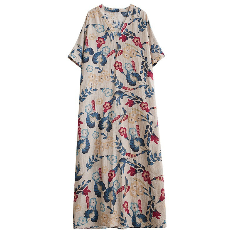 The real shot is the new V-neck cotton and linen large size loose literary and retro holiday wind beach dress for women in the summer of 2024.