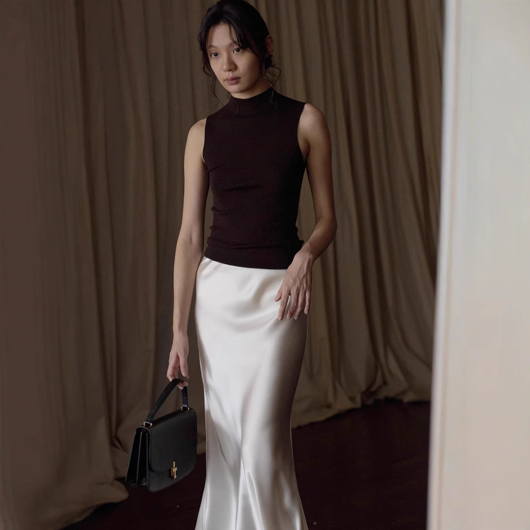 Japan imported triacetic acid satin water ripple satin 45 degree oblique cut solid color long fishtail a word skirt women