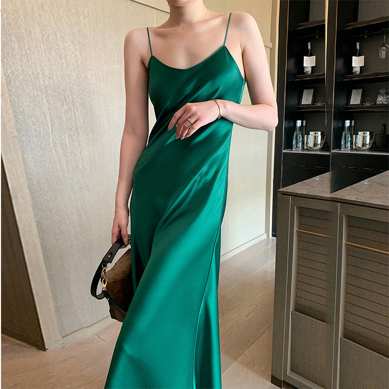 2025 spring and summer explosion acetic acid dress satin thin versatile Internet celebrity suspender skirt Douyin suit long dress