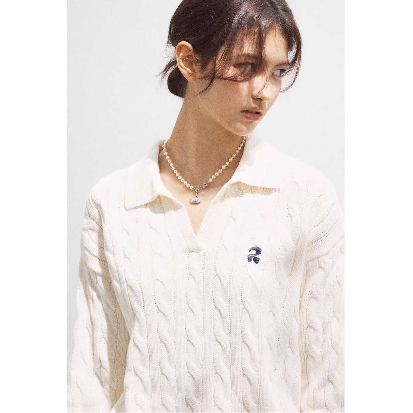 [JOMI] twisted craft lapel embroidered twist sweater women's V-neck casual head cotton knitted top autumn and winter