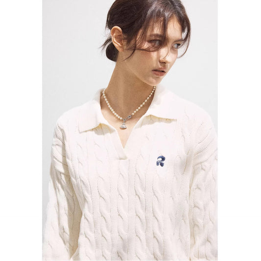 [JOMI] twisted craft lapel embroidered twist sweater women's V-neck casual head cotton knitted top autumn and winter