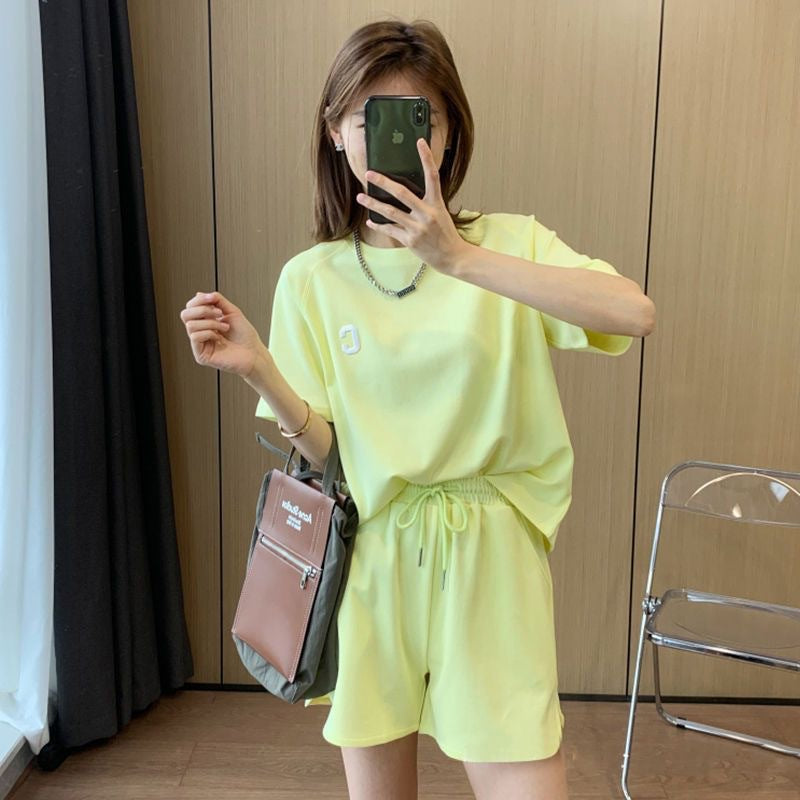 Horn sleeves casual sports suit women's clothing summer thin summer clothing running fashion foreign style short-sleeved shorts two-piece set