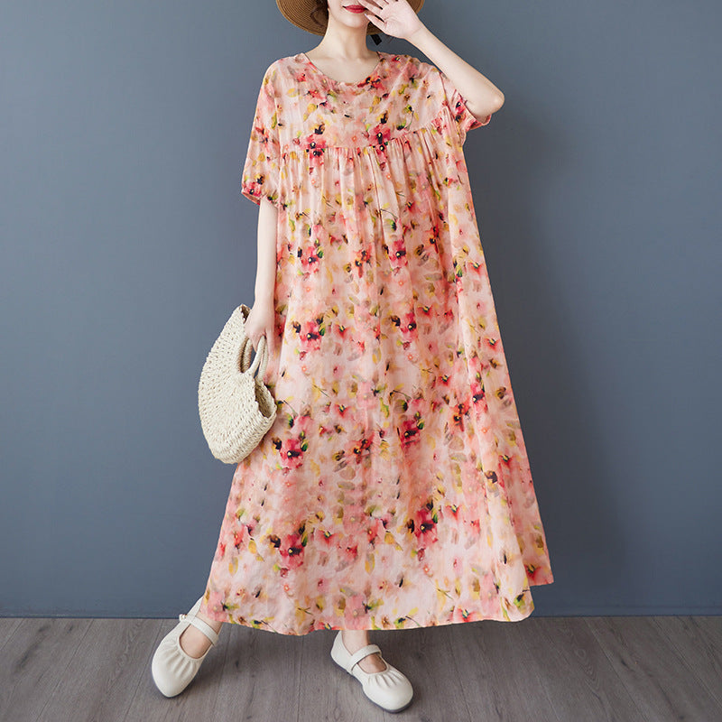 Summer 2025 New Simple Bohemian Fattened Large Short Sleeve Crew Neck Printed Medium and Long Dress Women
