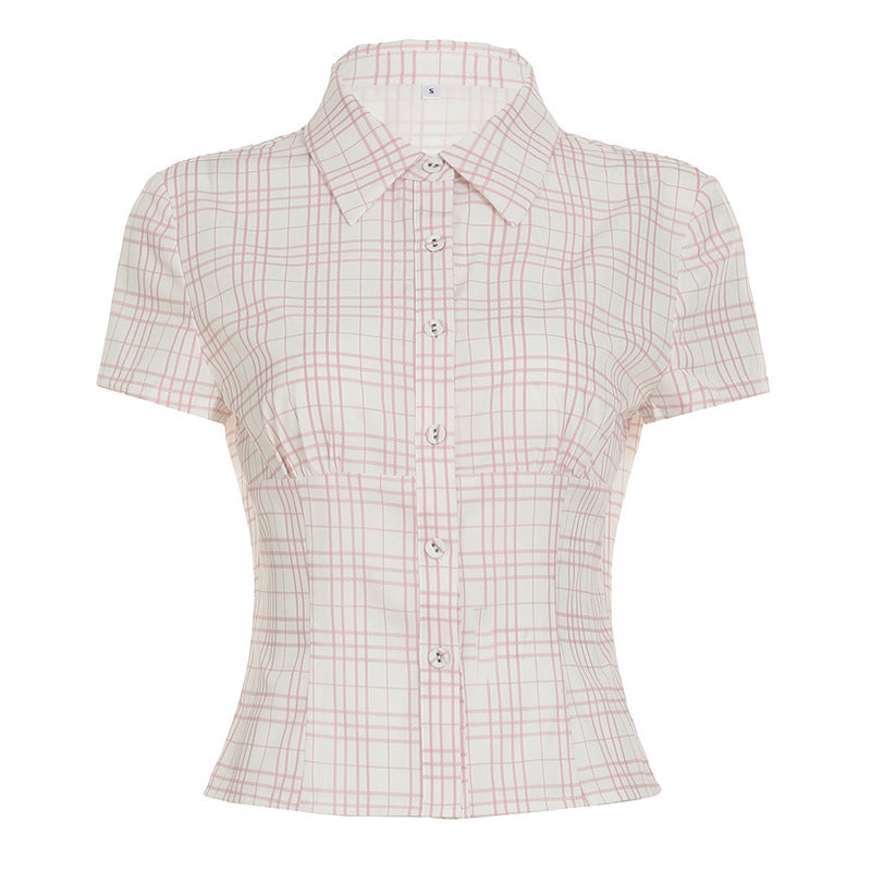 American girly temperament organ pleated solid color POLO neck short-sleeved shirt waist short breasted button-up top