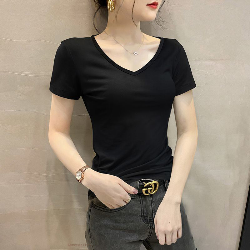2025 short-sleeved V-neck black T-shirt women's summer new ice silk skin-friendly low-neck slim-fitting and thin bottoming temperament top