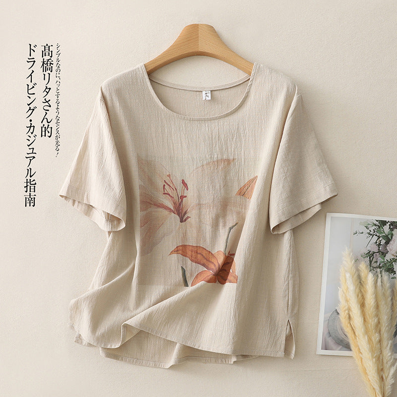 Real shot 2025 summer new cotton and linen literary and retro printing loose casual short-sleeved top T-shirt women