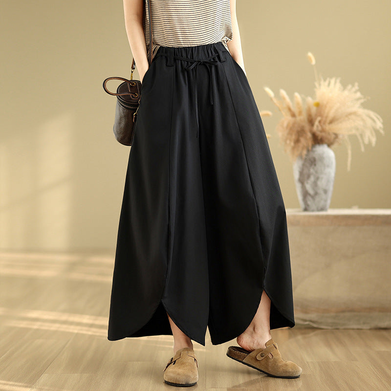 Real shot 2025 summer new casual large size loose solid color elastic waist wide leg pants nine-point pants women #9062