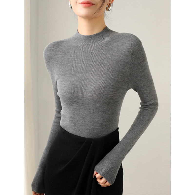 High-end Yangtze yarn semi-turtleneck seamless integrated pullover knitted sweater women's autumn slim-fit full wool backing sweater white