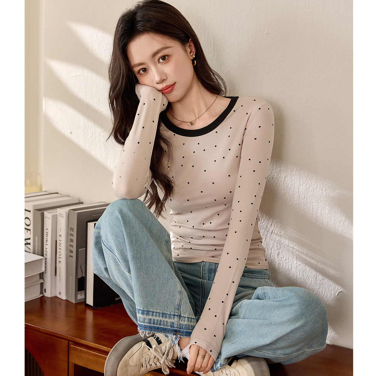 #质做高品# 减龄俏皮波点T恤女长袖2026秋装新品撞色修身打底衫