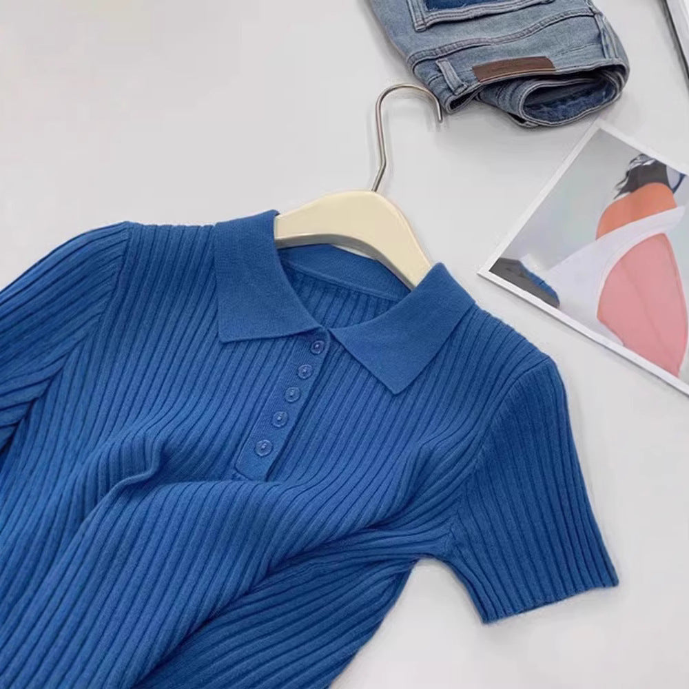 This year's popular polo collar blue knitted short-sleeved T-shirt women's 2025 new slim slim and slim foreign age-reducing top